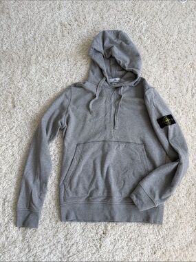 Stone Island Light Gray Pullover Hoodie with Sleeve Badge